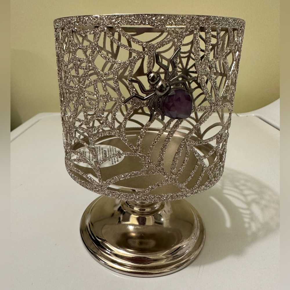 Bath & Body Works Silver Glitter Spiderweb Candle Holder with Purple Gem Accent